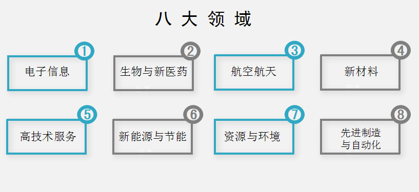 八大领域包括：电子信息、生物与新医药、航空航天、新材料、高技术服务、新能源与节能、资源与环境、先进制造与自动化